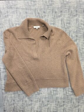 Vince Taupe V-Neck Collared Cashmere Blend Sweater